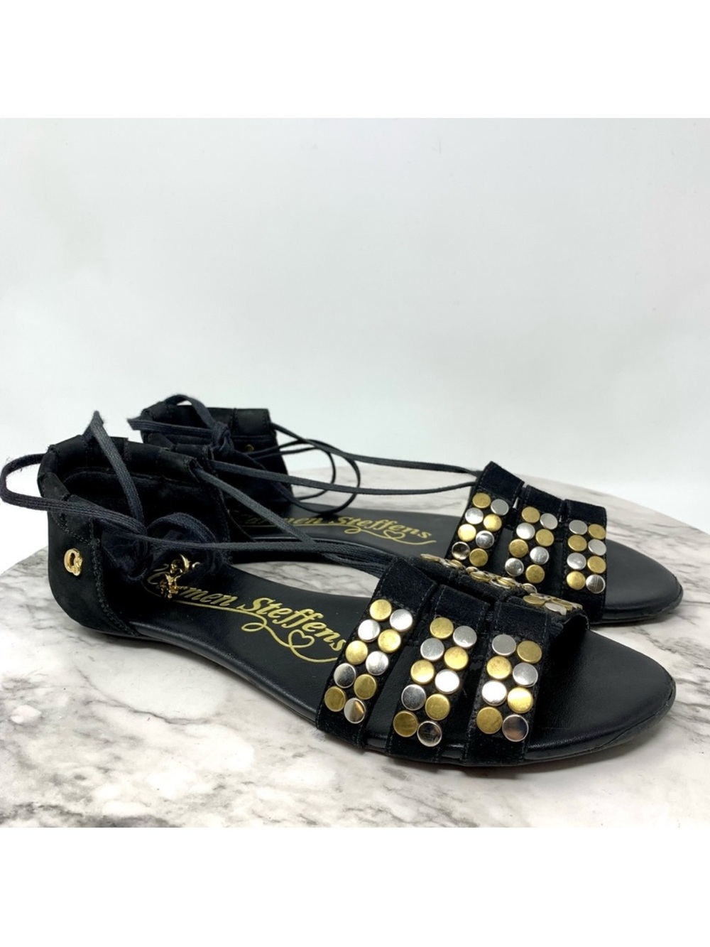 Carmen Steffens Studded Black Suede Ankle Wrap Sandals 38 Edgy Goth Alternative